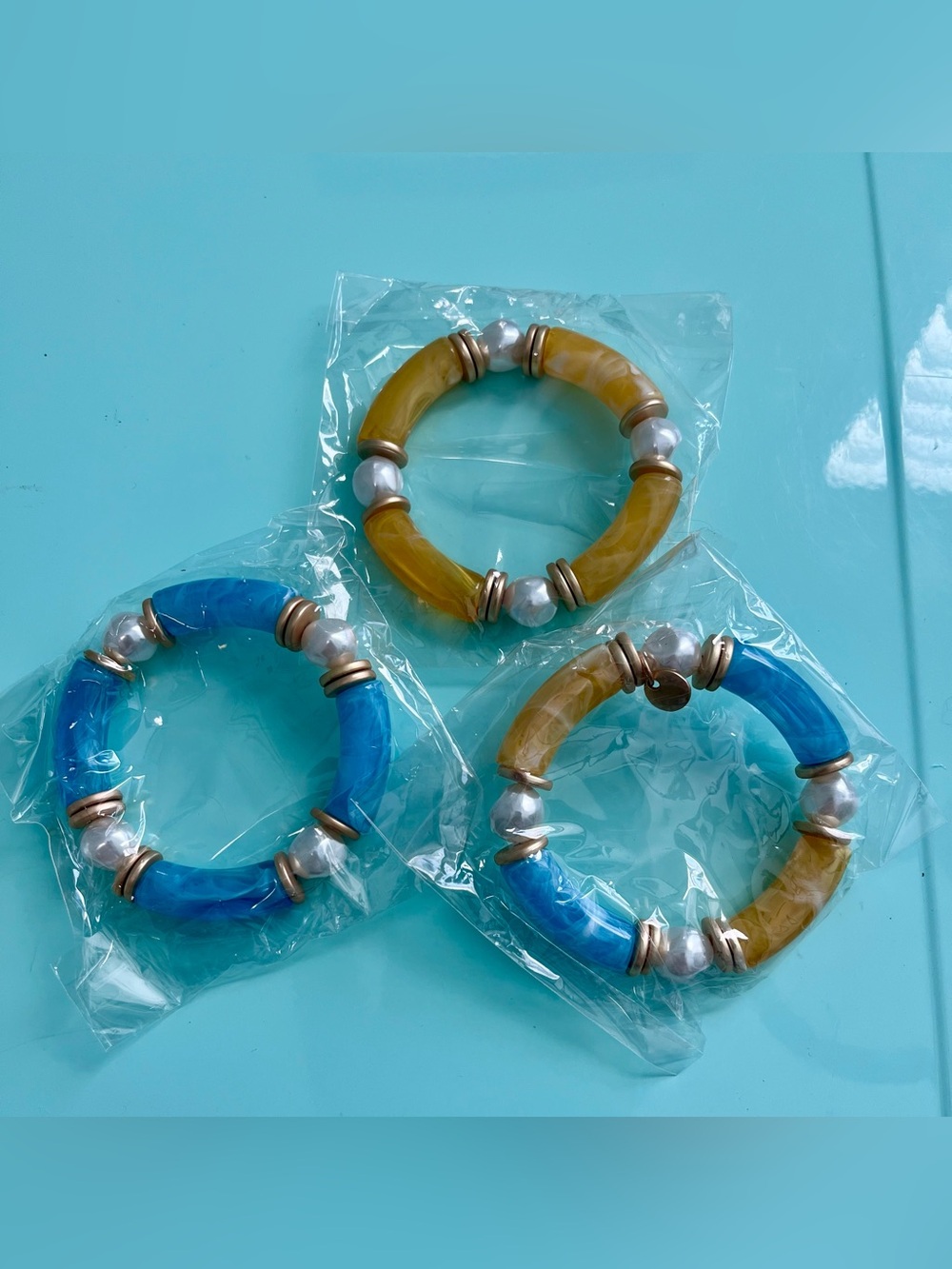 Beaded Stretch Colorblock Bracelet Set, Faux Pearls/Goldtone Accents. Set of 3 - Picture 9 of 10